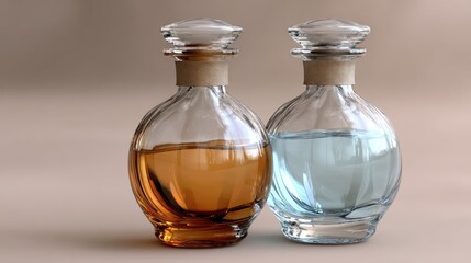 Two beautiful glass perfume bottles in orange and blue stand gracefully against a soft pink backdrop, showcasing their elegance