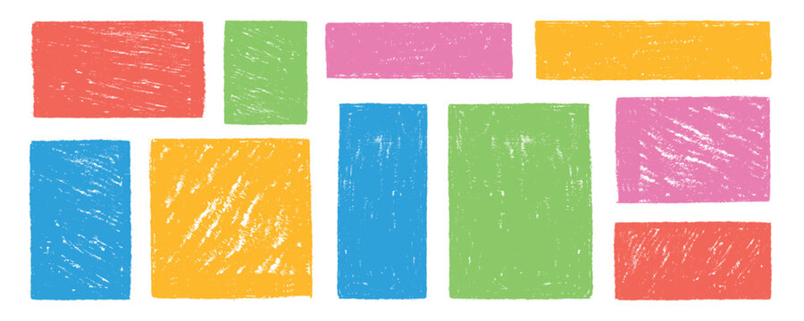 Set of colorful square and rectangle text boxes  with rough crayon texture. Hand drawn geometric shapes in playful, childlike style. Memo frames, sketchy banners, cute stickers and notes. 