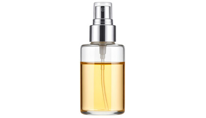 Naklejka premium Clear glass perfume spray bottle with silver cap and light yellow liquid isolated on transparent background