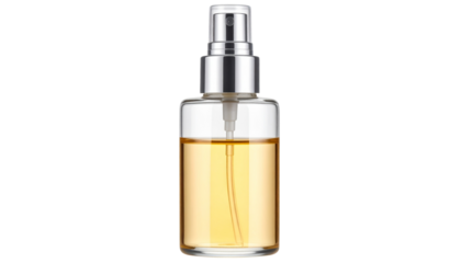 Clear glass perfume spray bottle with silver cap and light yellow liquid isolated on transparent background