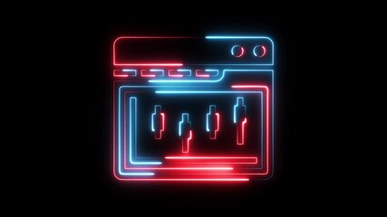 Neon glowing abstract digital interface with financial candlestick chart bars and data lines in red and blue colors - Powered by Adobe