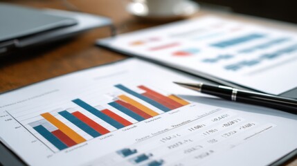 A high-resolution image of a financial report featuring multiple bar charts with detailed performance metrics, placed on a desk with business documents and a pen.