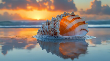 Seashell on Beach at Sunset with Reflection in Wet Sand
