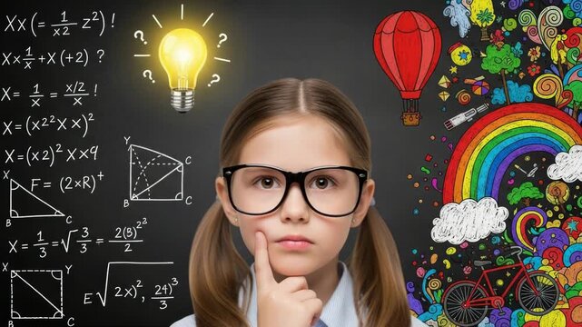 A young girl wearing glasses ponders a complex math problem on a chalkboard, illuminated by a bright idea lightbulb, with a colorful doodle of a rainbow and hot air balloon in the background