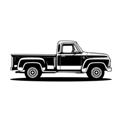 Fototapeta premium Classic Pickup Truck: A bold monochrome line art illustration showcases a vintage pickup truck, its sleek design and strong silhouette standing out against a white background.
