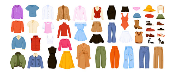 Various casual and formal clothes, shoes, and hats in colorful flat style on white background. Concept of fashion and wardrobe. Vector illustration