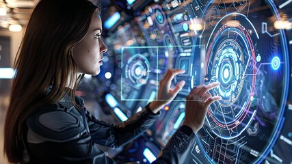 Futuristic interface interaction by a woman in a high-tech environment showcasing innovative technology and digital engagement - Powered by Adobe