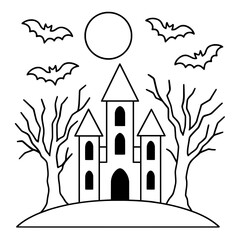 spooky halloween castle under a full moon with bats flying around, black and white outline illustration