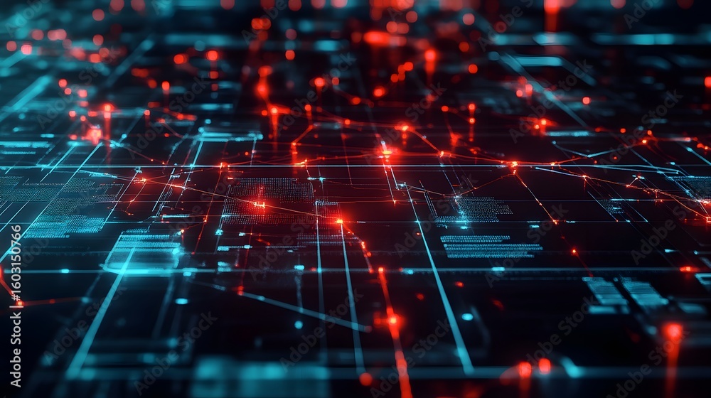 Poster a futuristic digital landscape showcasing interconnected networks of blue and red lines. this high-t