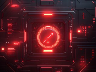 A futuristic digital interface featuring a glowing red gauge, surrounded by intricate dark circuitry patterns