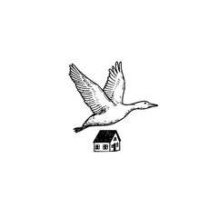 Illustration of a duck in flight above a small house with a gabled roof and two windows on the front