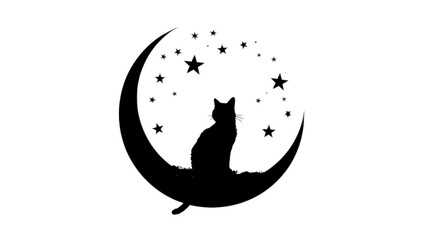 Silhouette of a Cat Sitting on a Crescent Moon Surrounded by Stars Magical Night Concept Illustration