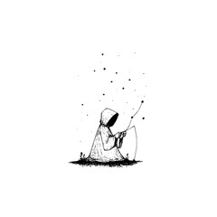 A cloaked figure sits on the ground connecting stars with a string under a scattering of stars above