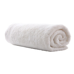 A soft, fluffy white towel rolled up neatly, isolated on a transparent background 