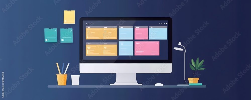 Poster a modern workspace featuring a computer monitor displaying project management tasks, sticky notes, a