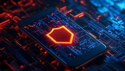 A modern smartphone displays a glowing shield icon on a circuit board background, symbolizing digital security and protection in a high-tech environment.