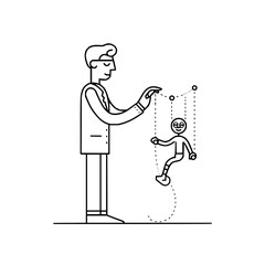 Illustration of a man controlling a puppet with strings attached to its limbs and head, black outline