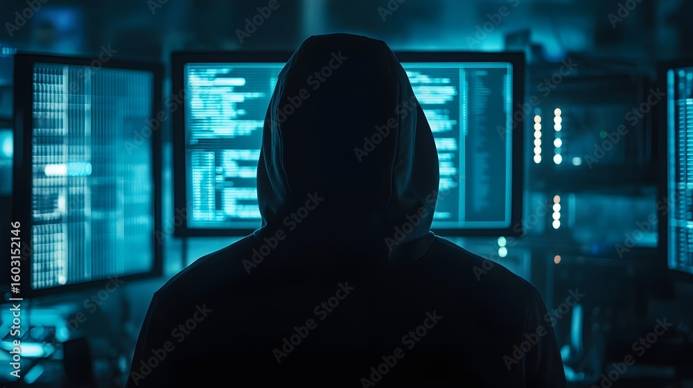 Poster a mysterious figure in a hoodie sits in front of multiple glowing screens displaying complex data. t