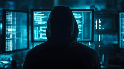 A mysterious figure in a hoodie sits in front of multiple glowing screens displaying complex data. The scene captures the essence of cyber security and the digital age.