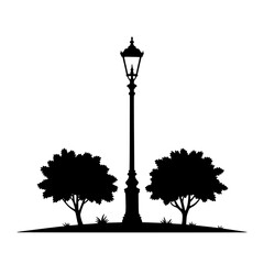 Fototapeta premium Park Lamppost Silhouette: A simple black and white vector illustration of an elegant lamppost flanked by two trees, set against a white background.