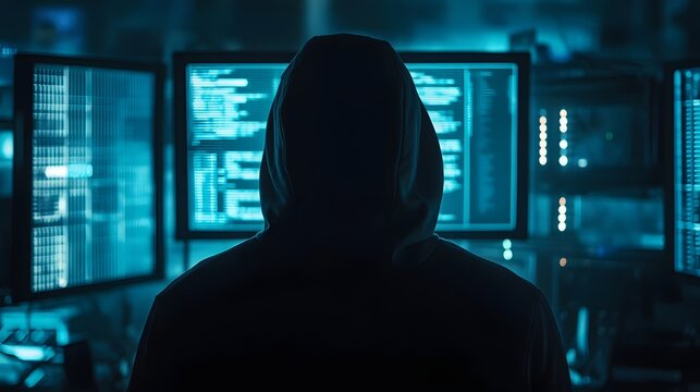 A mysterious figure in a hoodie sits in front of multiple glowing screens displaying complex data. The scene captures the essence of cyber security and the digital age.