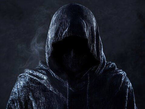 A mysterious figure shrouded in a dark hooded cloak, infused with an enigmatic aura
