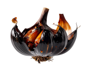 Floating black garlic bulb, peeled slightly to expose caramelized cloves, PNG