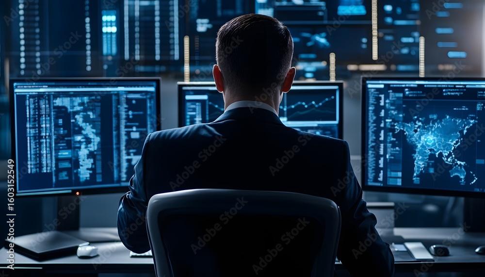 Poster a professional man focused on data analytics, sitting at a desk with multiple monitors displaying co