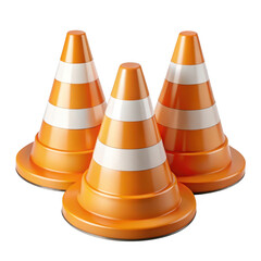 3d orange traffic cones with white stripes isolated on transparent background