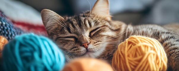 A relaxed tabby cat peacefully sleeps among colorful yarn balls, embodying comfort and tranquility in a cozy environment, perfect for conveying warmth and leisure in lifestyle imag