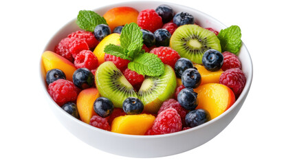 Obraz premium Fresh fruit salad with berries kiwi and peaches in white bowl on white background 