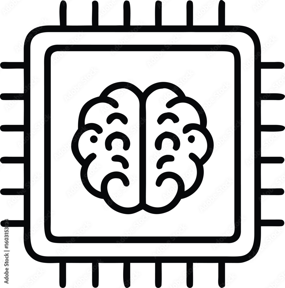 Fototapete Single black outline vector icon of an artificial intelligence brain with neural network connections isolated on transparent background