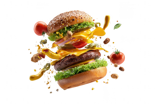 hamburger with flying ingredients, white background, png, transparent