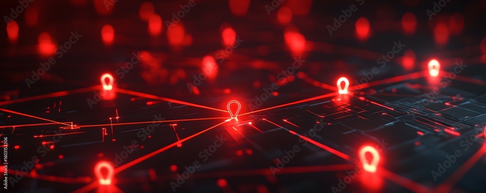 Poster a vivid and dynamic representation of a digital network with glowing red connection points, symboliz