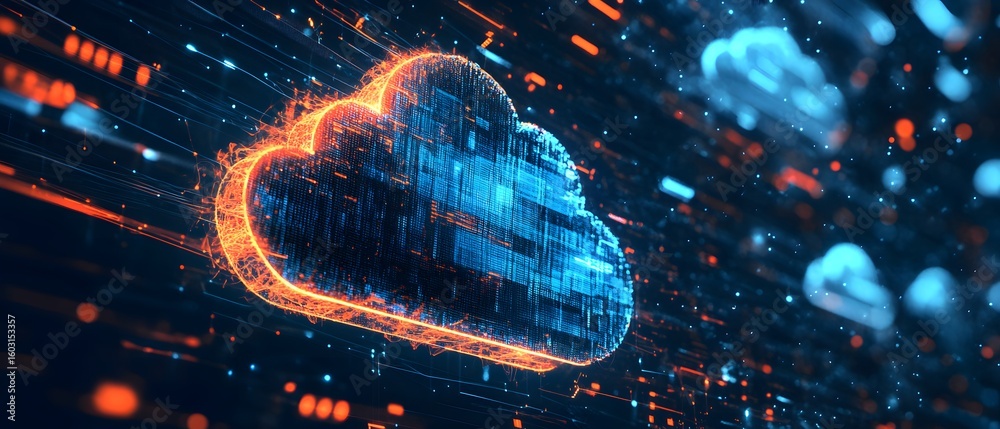 Poster a vivid visualization of cloud computing, showcasing a technological cloud surrounded by digital str