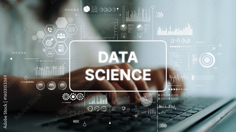 Poster data science concept with hands typing on a laptop surrounded by digital graphics and analytics visu