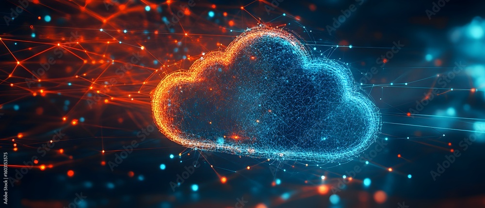 Poster an abstract representation of cloud computing with vibrant colors and glowing particles, illustratin