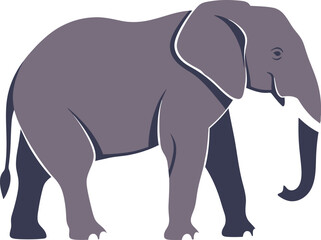 Illustration of a gray elephant with long tusks standing on a white background in vector style