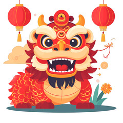 Cute Cartoon Chinese Lion Dance Dragon Character With Red Lanterns