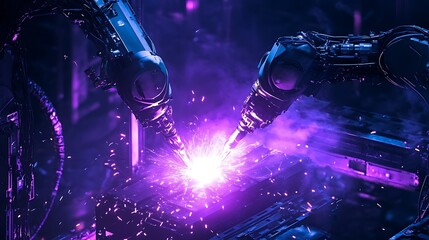 Precision welding with twin robotic arms under violet energy flares