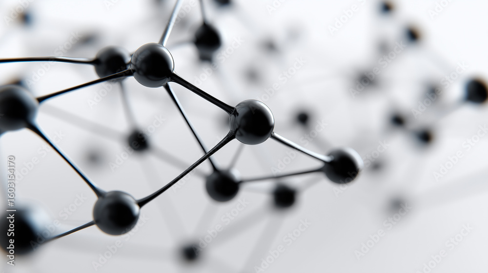 Fototapete A 3D rendering of black connected spheres forms an abstract molecular or network structure on a white background.
