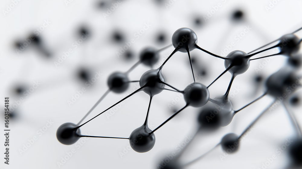 Poster a 3d rendering of black connected spheres forms an abstract molecular or network structure on a whit