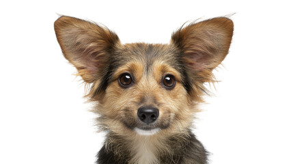 A cute little mixed-breed dog with large ears, looking at the camera, isolated on a white background, png, transparent