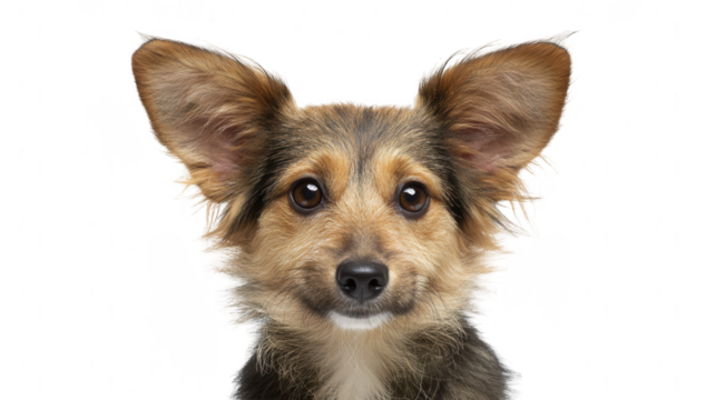 A cute little mixed-breed dog with large ears, looking at the camera, isolated on a white background, png, transparent