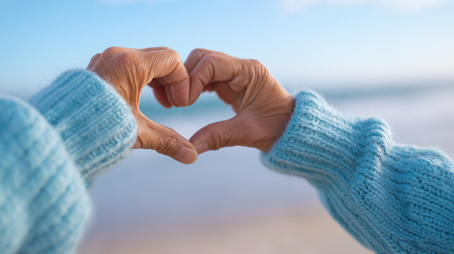 A person in a blue knitted sweater forms a heart shape with their hands against a blurred beach and ocean background.