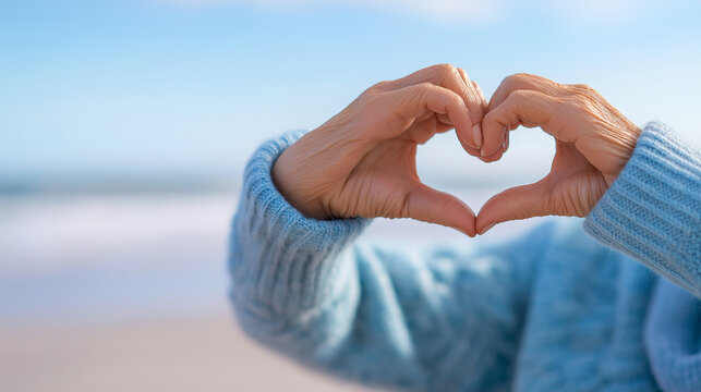 A person in a blue knitted sweater forms a heart shape with their hands against a blurred beach and ocean background.