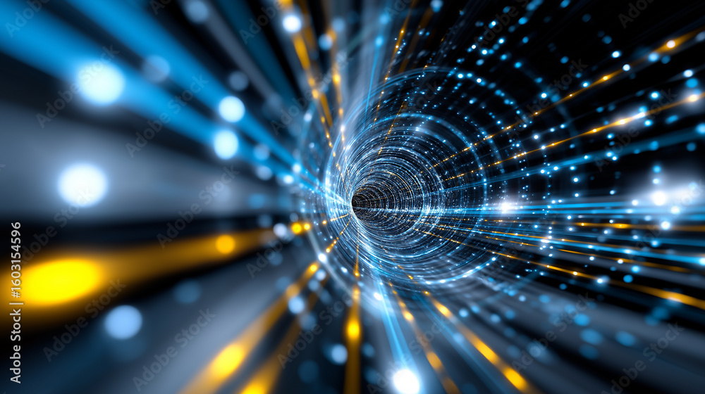 Wall mural an abstract visual of a futuristic light tunnel with glowing blue and orange data streams, represent