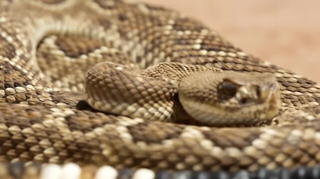 Diamondback Rattlesnake Coiled, Close-Up View of Scales and Head, Venomous Reptile