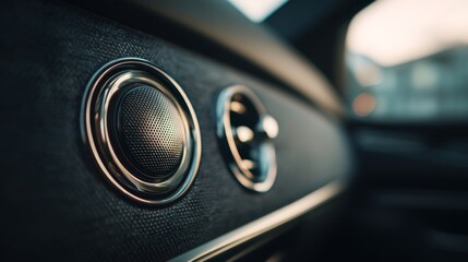 A modern car speaker installed in the door of an electric vehicle, with high-end fabric and metallic details, softly lit by natural light.