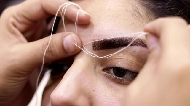 A close up of a woman's face as her eyebrows are being threaded with white thread by a beautician